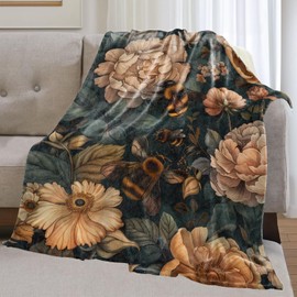 olpddz Vintage Bee and Floral Flannel Blanket Gifts for Nature Lover,60x50inch,Bumblebee and Flower Throw Blankets with Dark Botanical Background,for Bedroom,Sofa,Living Room,Camping Decor Throws