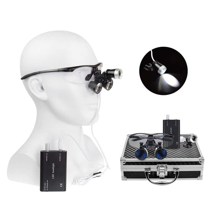 3.5X 420mm Surgical Binocular Loupes Head Light Blue Aluminum Box