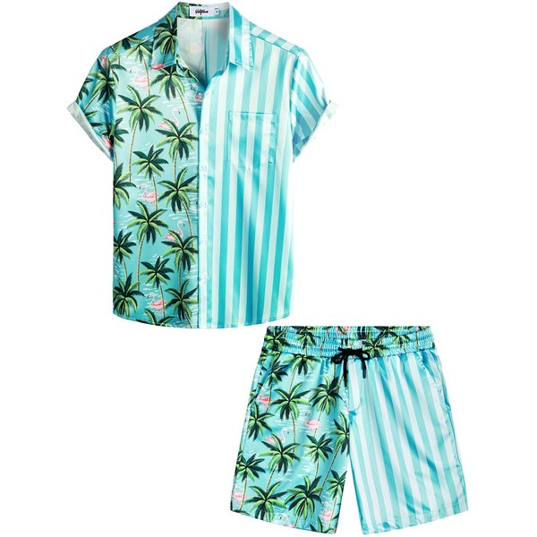 VATPAVE Men's Flamingo Hawaii 2-Piece Sets Short Sleeve Casual Shirts