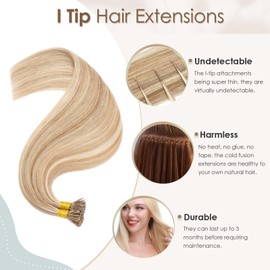 Elailite I Tip Stick Tip Hair Extensions Real Human Hair Straight Remy Hair Cold Fusion - 100 Strands 50g (#12/613 Golden Brown Mix Bleach Blonde, 16 Inch)