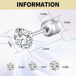 Pack of 3 Screw Back Cubic Zirconia Earrings Studs 3MM/5MM/7MM,18K Gold Plated Titanium Stud Earrings for Men Women Birthday Anniversar (silver)