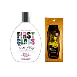 Bundle of 2 Items: First Class Luxury Advanced Tanning Lotion Bottle 400 ml and Savage Fiji Blend Tanning Lotion Packet 15 ml.