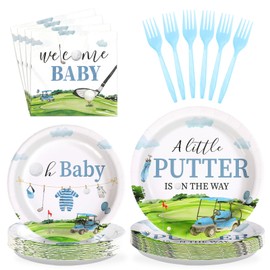 Grencian 96Pcs Golf Baby Shower Party Supplies A Little Putter Plates and Napkins Tableware Sets Green and Blue Decoration for Baby Shower Newborn Pregnancy Boy Girl Birthday Party Serve 24