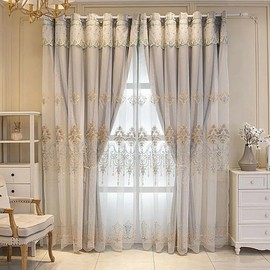 Amidoudou 1 Pair European Curtains with Valance Attached Double Layer Curtains for Living Room Bedroom (Grey,51x96 Inch)