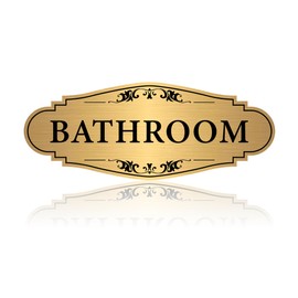 Bathroom Sign Sticker for Business and Home，Self-adhesive Brushed Gold Bathroom Decor for Door，Waterproof Vinyl Restroom Sign for House, Office, Shop