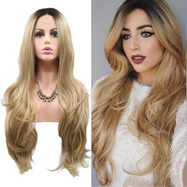 Brown Blonde Lace Front Wigs for Women Realistic Long Wavy Ombre Brown Black Roots Lace Wig Synthetic Glueless Heat Resiatnt Fiber Hair Cosplay Anime Wig 24 Inches