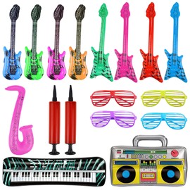Pack of 17 Inflatable Instruments Colourful Inflatable Guitar Saxophone Inflatable Piano Inflatable Bass Inflatable Radio Glasses + Air Pump for Celebrations Carnival