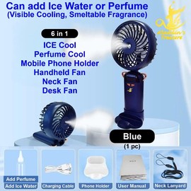[6 in 1] Aladdin High Speed Ice Cool Water Fan, ICE Wind+Perfume Cool+Mobile Phone Holder+Handheld+Neck+Desk 6 in 1 Personal Fan,Large Battery,OLED Display, Visible Cooling Smeltable Fragrance (Blue)
