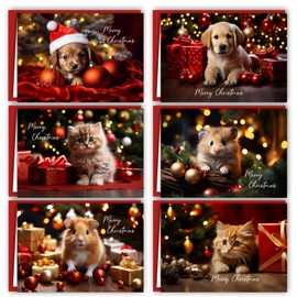 12 Christmas Cards Set Folding Cards with Envelopes A6 Card Cards Envelope Shiny Merry Christmas Xmas Red Animals Dog Cat Mouse Puppy Kitten Guinea Pig