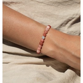 day.berlin Women's Pearl Bracelet Neo Genuine Natural Stone Bracelet with 6 mm Gemstones, Flexible Drawstring 17 cm Long with Rhinestone Pearl, Hand Knotted for Women, Natural stone, rubber, Flower