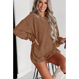 ONLYSTORY Womens Sweatshirts Casual Cored Corduroy Pullover Tops Oversized Long Sleeve Crewneck Shirts,Dark Khaki,L