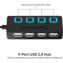 SABRENT 4 Port USB 2.0 Data Hub with Individual LED lit Power Switches [Charging NOT Supported] for Mac & PC (HB-UMLS)