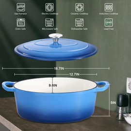 7 Quart Oval Dutch Oven with Lid, Leonyo Enameled Cast Iron Dutch Oven for Bread Breaking, 7QT Dutch Oven for Sourdough Bread Baking, Heavy Duty Cookware for Braising, Stews, Roasting, Blue
