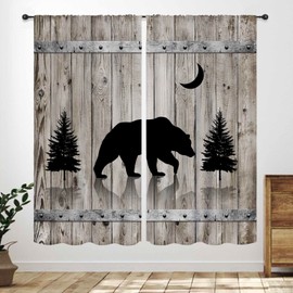 Cortina de oso rústico, cabaña de granja, campo de animales salvajes, tabla de madera clásico con estampado de bosque, recámara, sala de estar, cocina, ventana de tratamiento, cortinas de 21 pulgadas