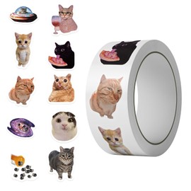 500PCS Funny Cat Stickers Roll 10 Styles Cat Meme Stickers for Kids Cats Party Favors Kawaii Animal Decals Vinyl Waterproof Sticker Cute Sticker Pack(500 Per Roll)