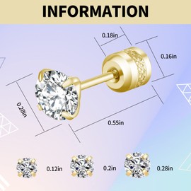 3 Pairs Stud Earrings Set for Women Men, Round Cubic Zirconia Studs, Hypoallergenic Double Sided Cubic Zirconia Earrings for Women Men3-5-7mm (Gold)