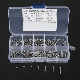 230 Pieces M2 304 Stainless Steel Flat Head Screws Cylinder Screws Nuts Assortment Kit Tool with Box