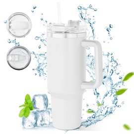 AGH life 40oz Thermobecher mit Strohhalm und Henkel, Doppelwandig Edelstahl Thermobecher, 1180 ML Tragbare Isolierter kaffeebecher Auto, Reisebecher ThermoTrinkbecher Tumbler Cup (weiß)