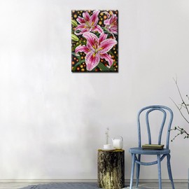 Lilly Flower Diamond Painting DIY 5D, Numbering Kit, Tropical Green Leaves Artwork/Pictures Red Lilium Floral Wall Art Crystal Rhinestone Embroidery Painting Home Decor Adults Gift(12''Wx 16''H)