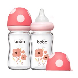 YOHKOH Natural Glass Baby Bottle with Natural Response Nipple, Newborn Anti-Colic Baby Bottles, Wide Neck Mushroom Cap Baby Bottle, Clear ((5.4oz (Pack of 2), Red)