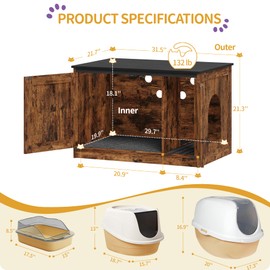 Hzuaneri Cat Litter Box Enclosure with Cushion, Hidden Litter Box Furniture with Removable Dividers, Reversible Entrance Left or Right Side, Cat House, Rustic Brown and Black CB84701X
