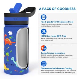 BUZIO Insulated Water Bottle for Kids, Toddler Water Bottle Insulated Modern Vacuum with 2 Straw Lids, 400ml Double Walled Wide Mouth Sports Drink Flask with Blue Dinosaur Park