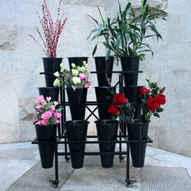 Zhongma Moving Plant Stand with Wheels Heavy Duty Garden Cart Display Flower Shelf with 12pcs Plastic Buckets for Fresh Flowers