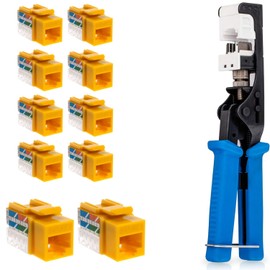 Speed Termination Tool - Easy Punch Down with Stainless Steel Blades For 45 Degree RJ45 LAN Cat6 / Cat5e Keystone Jacks + 10 Yellow Cat5e Keystones Jack Connectors Kit