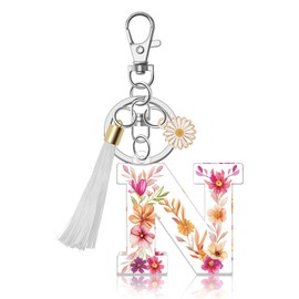 YaeYur Alphabet Initial Letter Keychains Cute Flower Keychain Letter Keychain Birthday Gifts for Women Tassel Sunflower Initial Key Ring for Purse Handbag Bag Charm (N)