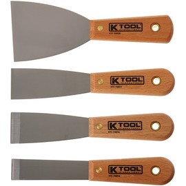 K Tool International 70004 Scraper Putty Knife Set for Garages, Repair Shops and DIY, High Carbon, Heat-Treated, Polished Blades with Full Tang, Solvent-Resistant, Riveted Wood Handles, 4 Piece