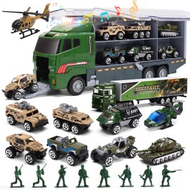 CUTE STONE 28 in 1 Army Toy Trucks with Sound and Light, Push and Go Car with 16 Army Men, Great Gift for Boys Toddlers and Kids