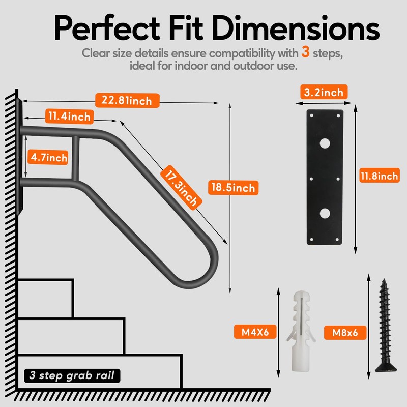 Outdoor Handrail for 1-3 Steps, 22.8" Length Wall Mount Stair
