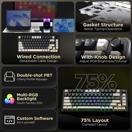 YUNZII YUNZII B75 Mechanical Keyboard,75% Layout with Knob,Hot Swappable RGB Backlit Gasket Mounted, Creamy Typing, Double-Shot PBT Keycaps,Cherry Profile,for Win/Mac (Black, Blue Grey Tactile Switch)