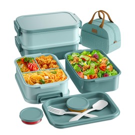 Adults Bento Lunch Box Set with Thermo Bag, 74oz Stackable Leak-proof 3-tiers Bento Box, Built-in Utensil and Sauce Container for Work, School, Dining Out (Green)