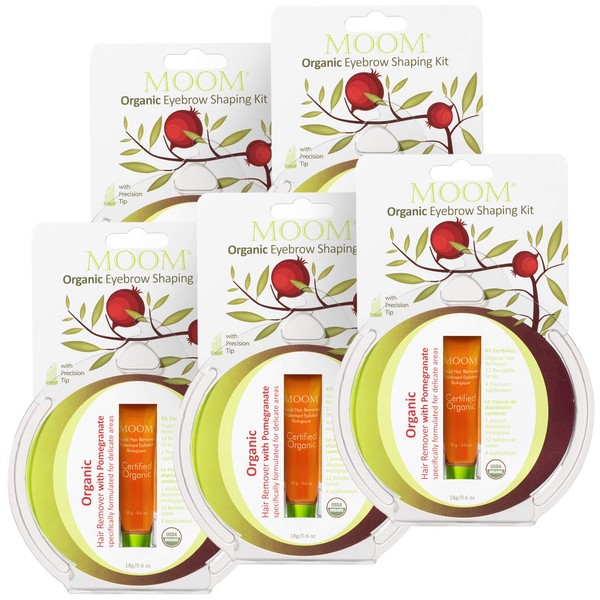 MOOM Organic Eyebrow Kit for Waxing with Tea Tree Oil, Pomegranate Oil & Chamomile - Natural Sugar Hair Removal Glaze with 12 Reusable Strips & 4 Applicators for Sculpting 0.6 oz. 5 Pack