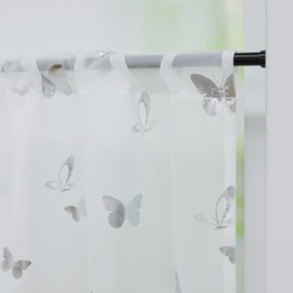 HeichkelL Shiny Net Curtain Silver Voile Modern Short Curtains with Drawstring Small Window Curtain Kitchen Butterfly Decorative Pattern White H x W 60 x 120 cm