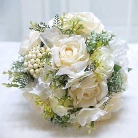 Fiwisora Fiwisora 9.8" Bridal Holding Wedding Bouquet Real-Looking Mixed Flowers Ivory Greenery Bridal Wedding Throw Bouquet for Brides Bridesmaid Hold Flower