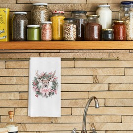 Qpenm Pink Bow Christmas Deer Kitchen Towels,Christmas Wreath Hand Towels,Reindeer Christmas Decoration Waffle Weave Kitchen Dish Towels for Kitchen Bathroom,Deer Lovers Gift,16x24 Inch