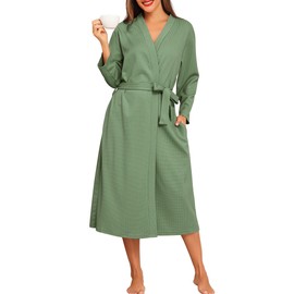 Lovasy Waffle Dressing Gowns for Women UK Cotton Lightweight Spa & Bath Robes for Women Ladies Kimono Dressing Gowns Women's Full-Length Robes with Pockets for Hotel Nursing Pregnancy,Green,XL