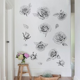 Runtoo Black and White Flower Wall Decals Boho Rose Floral Wall Stickers for Living Room Bedroom Bathroom Decor
