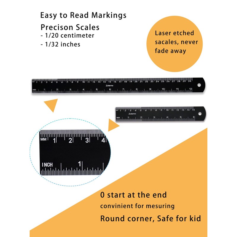 Zotemo Metal Rulers, 6 and 12 Inch Aluminum Scales with