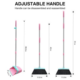Broom and Dustpan Set, 52-in Long Adjustable Handle Broom Dustpan Combo with Dust pan Teeth to Automatically Clean Hair Suitable for Home Kitchen Office Hall Floor (Pink&Blue), 2 Pack