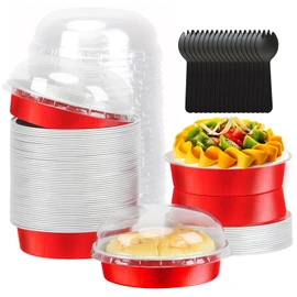 LNYZQUS - Mini moldes para tartas de 4 pulgadas con tapas, paquete de 50, moldes desechables de papel de aluminio para hornear, platos pequeños de crema Brulee Tarta Ramekins individuales para