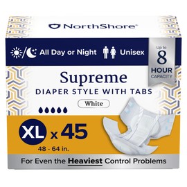 NorthShore Supreme Incontinence Tab-Style Briefs for Men and Women, White, X-Large, Case/45 (3/15s)