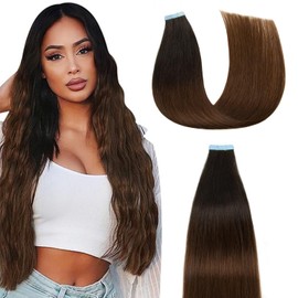 AGMITY Hair Extensions Real Human Hair Tape in Omber Off Black/Middle Brown 22 inches 20pcs 50g/pack Straight Seamless Weft Skin Hair Tape in Extensions(22 inches #T1b-4)