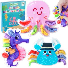 3Pack Color Sorting Toys Sensory Toys : Fine Motor Skill Games Learning for Toddlers, Color Matching Fidget Sensory for Calm Down, Preschool Learning & Educational Montessori (Sea Animals 3pack)