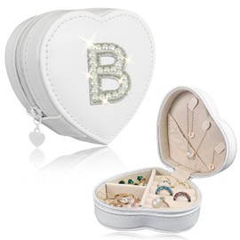 COSHAYSOO Travel Jewelry Case Holder Organizer Small Jewelry Box Initial Pearl Letter Birthday Christmas Gifts for 12 13 14 15 16 17 18 19 Year Old Girl Preppy Accessories Cute Things White Heart B