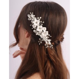 Rumtock White Flower Hair Clips Set for Wedding Brides Women Pearl Hair Piece Rhinestones Jewelry (Silver)