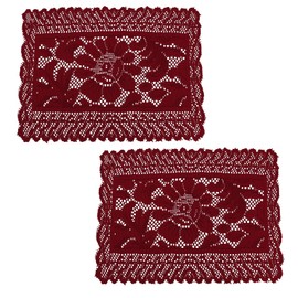 Jayla 2 Pcs Rectangle Lace Placemats for Tables Embroidered Lace Tablemats Vintage Crochet Floral Lace Table Runner Vintage Wedding, Tea Party Decor,Red,12x17 Inch
