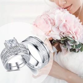 CEJUG Wedding Bands Sets for Him and Her Couples Women Matching Wedding Rings Engagement Ring Bridal Ring Men's CZ Carbide Titanium Band 10&7